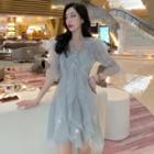 Set: Elbow-sleeve Ruffle A-line Mesh Dress + Slipdress