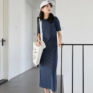 Plain Short-sleeve Midi T-shirt Dress As Shown In Figure - One Size