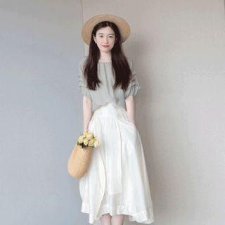 Lantern-sleeve Plain Top + High-waist Plain Skirt