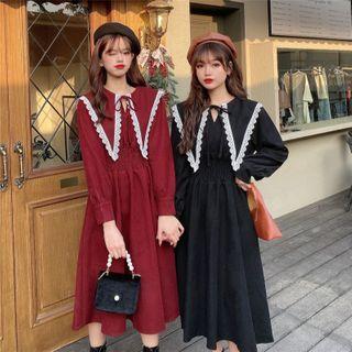 Long-sleeve Lace Trim Midi Collared Dress