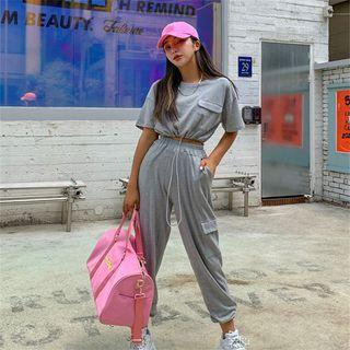 Set: Drawstring-hem Cropped T-shirt + Sweatpants