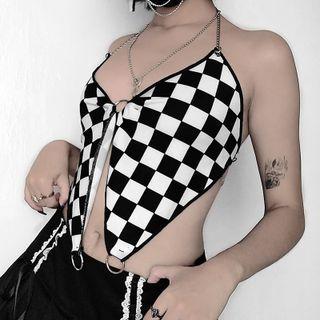 Chain Strap Plaid O-ring Crop Camisole Top