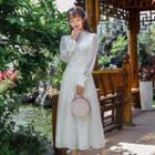 Floral Embroidered Long-sleeve Blouse / Cropped Lace Overlay Wide-leg Jumper Pants / Set