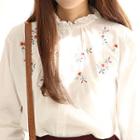 Frill-neck Floral-embroidered Blouse