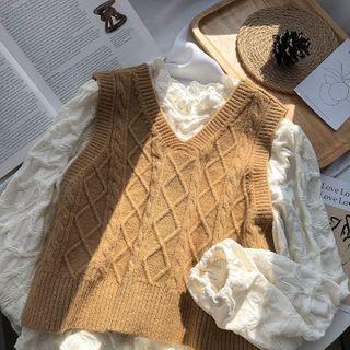 Set: V-neck Sleeveless Knitted Vest + Puff Sleeve Bottoming Shirt