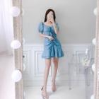 Puff-sleeve Shirred-front Dress Light Blue - One Size
