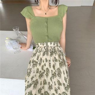 Sleeveless Ruffled Buttoned Knit Top Avocado Green - One Size