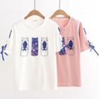 Short-sleeve Cat Print Lace-up T-shirt
