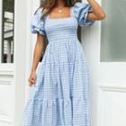 Plaid Short Sleeve Square Neck A-line Midi Dress