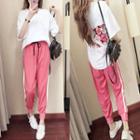 Set: Elbow-sleeve Floral Print T-shirt + Sweatpants