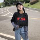 Mock-two Piece Letter Printed Striped T-shirt