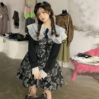 Puff-sleeve Ruffle Collar Blouse / Floral Print Overall Dress