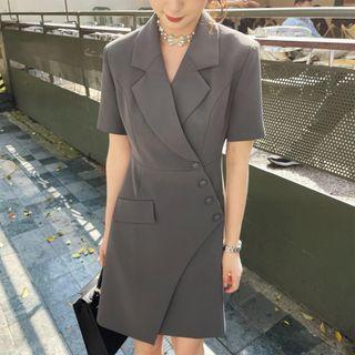 Elbow-sleeve Asymmetrical Mini A-line Blazer Dress