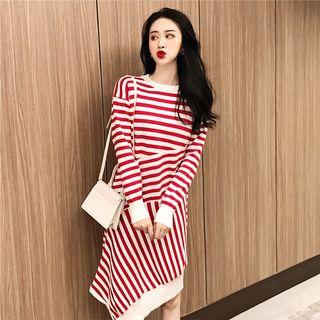 Long-sleeve Striped Asymmetric Hem Knit Dress