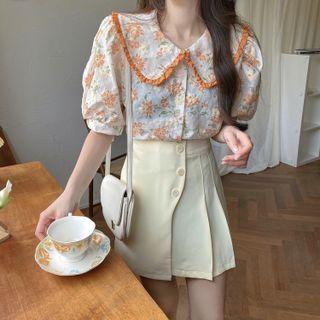 Short-sleeve Frilled Trim Floral Blouse
