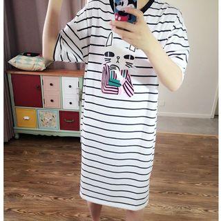 Cat Print Striped Elbow Sleeve T-shirt Dress