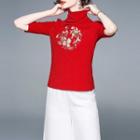 Turtleneck Embroidered Elbow-sleeve T-shirt