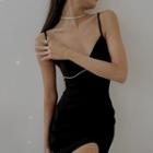 Spaghetti-strap Rhinestone Slit Midi A-line Dress