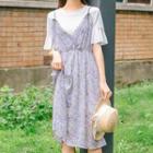 Set: Short-sleeve T-shirt + Floral Strappy Midi Dress Light Purple - One Size
