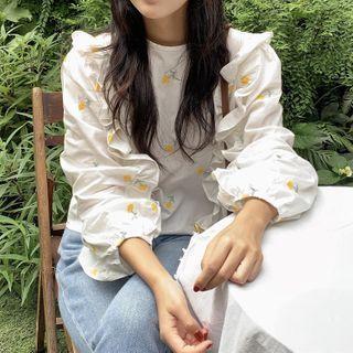 Long-sleeve Ruffle Trim Floral Blouse White - One Size
