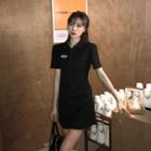 Short-sleeve Lettering Shirt Dress Black - One Size