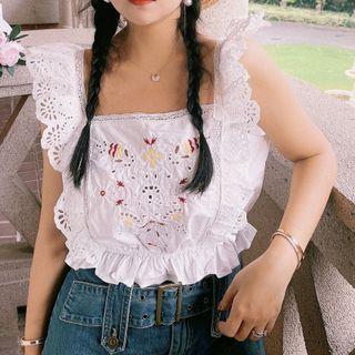 Sleeveless Floral Embroidered Frill Trim Top