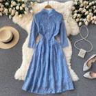 Stand-collar Lace Elbow-sleeve Dress