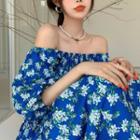 Puff-sleeve Off-shoulder Floral Print Dress Blue - One Size