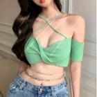 Off-shoulder Bow Cropped Knit Top Green - One Size