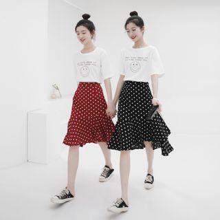 Set : Printed Smile Face Short-sleeved Top + Wave Point Skirt
