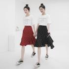Set : Printed Smile Face Short-sleeved Top + Wave Point Skirt