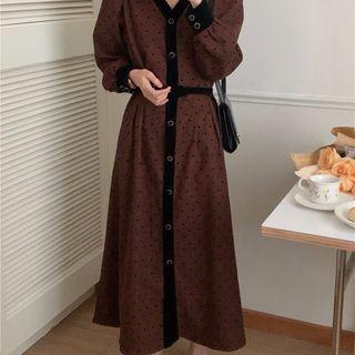 Long-sleeve V-neck A-line Dotted Dress Brown - One Size