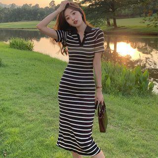 Short-sleeve Striped Mini Bodycon Dress / Midi Dress