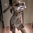 Short-sleeve Print Mini Sheath Qipao Dress