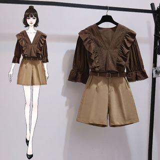 Bell-sleeve Ruffled Top / High-waist Shorts / Set