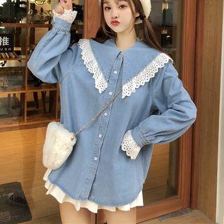 Eyelet Lace Trim Denim Blouse