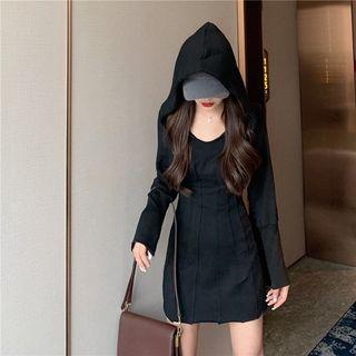 Hooded Long-sleeve Mini A-line Dress Black - One Size