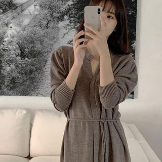 Open-placket Slit-front Knit Dress With Sash