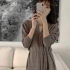 Open-placket Slit-front Knit Dress With Sash