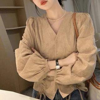 Balloon-sleeve V-neck Drawstring Top