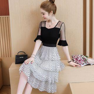 Short-sleeve Dotted Tiered Chiffon Dress