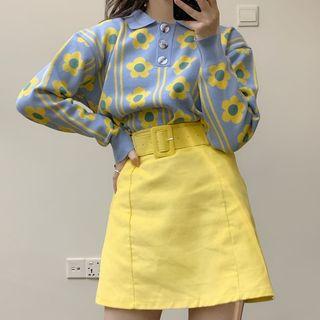 Floral Long-sleeve Polo Shirt / Mini Skirt With Belt