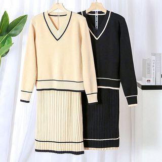 Set: Contrast Trim Sweater + Rib Knit Midi Skirt