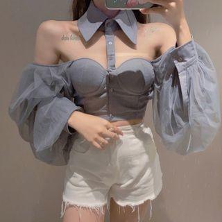 Mesh-sleeve Cutout Crop Blouse