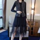 Set: Long-sleeve Midi A-line Mesh Dress + Double-breasted Tweed Vest