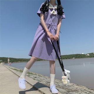 Short-sleeve Tie-neck Mini A-line Dress As Shown In Figure - One Size