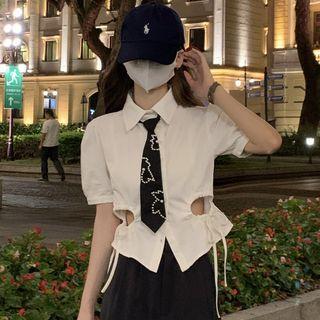 Short-sleeve Plain Drawstring Ripped Shirt
