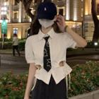 Short-sleeve Plain Drawstring Ripped Shirt