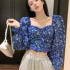 Square-neck Floral Cropped Blouse As Figure - One Size