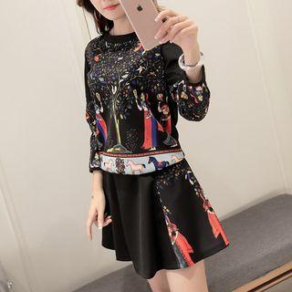 Set: 3/4-sleeve Printed Sweatshirt + Skort